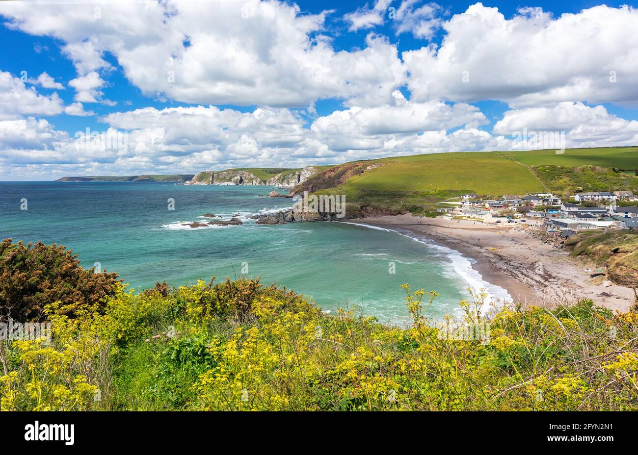 Der Strand und die Küste auf einem Abschnitt des South West Coast Path in der Nähe von Challaborough, South Devon, England Stockfoto