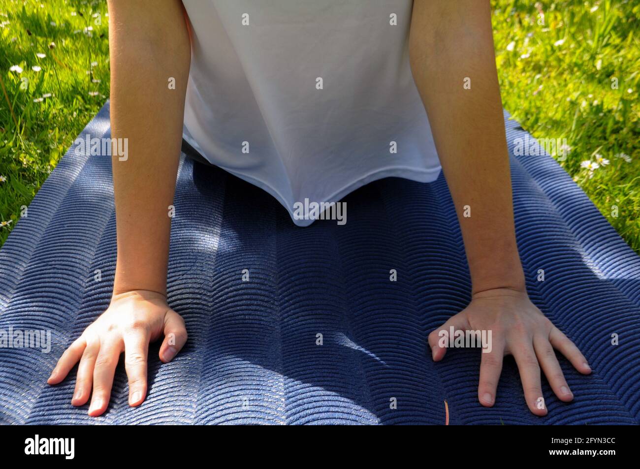 Frau trägt ein weißes T-Shirt und praktiziert Yoga auf einem blauen Matte auf dem grünen Gras im nach oben schauenden Hund Positionieren Sie Outdoo Stockfoto