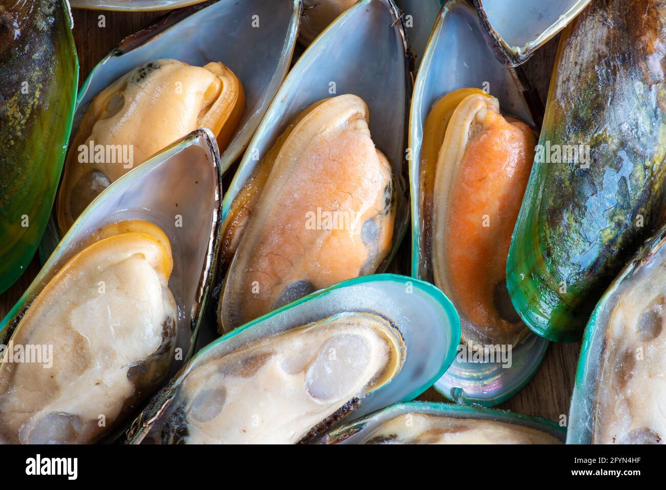 Nahaufnahme von rohen Muscheln über Holzschneidebrett Stockfoto