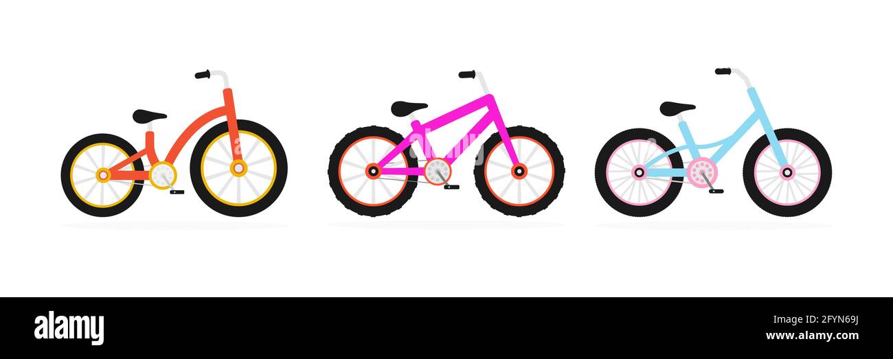 Set von Kinderfahrrädern. Verschiedene Fahrräder bunte Sammlung. Verschiedene mehrfarbige Kinderfahrräder Gruppe Stock Vektor
