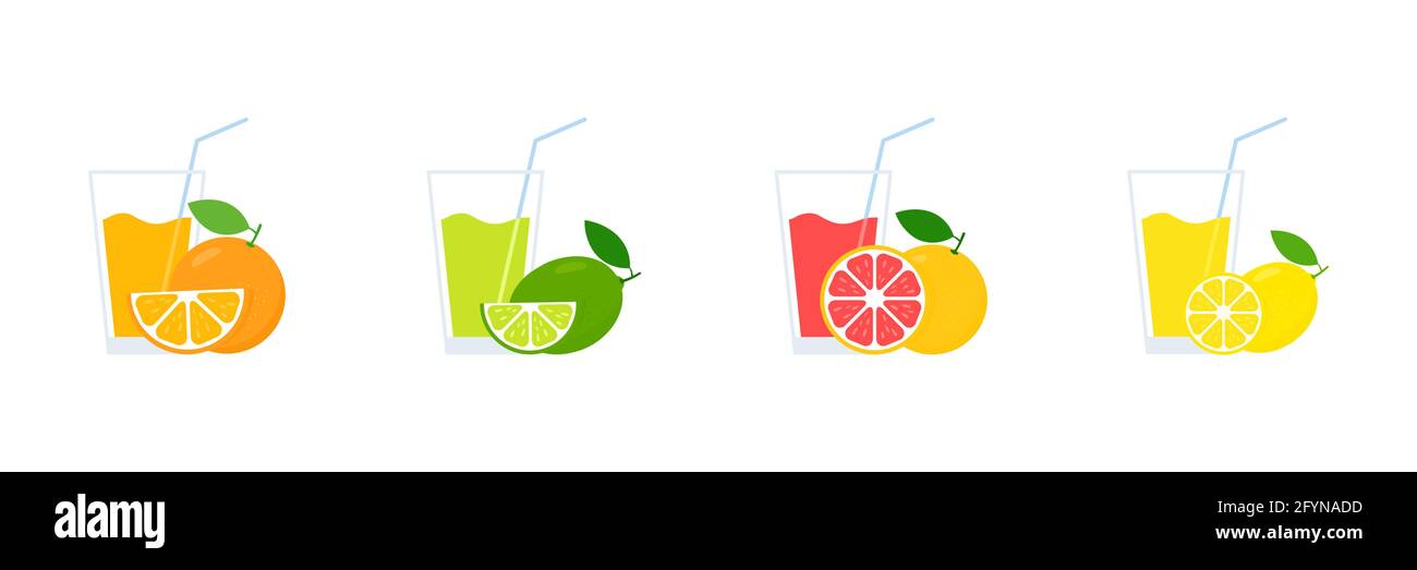 Obst Saft Cocktails in Gläser Sammlung. Set aus Orange, Grapefruit, Zitrone und Limette. Stock Vektor