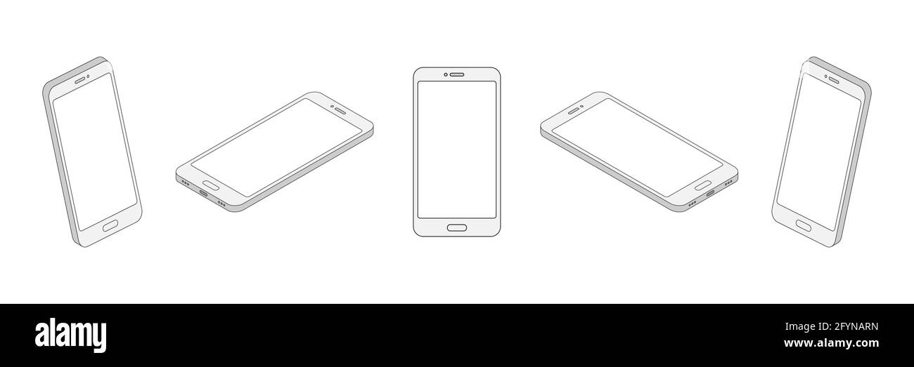 Isometrische Linie Smartphone-Set. 3d-Mobiltelefon mit leerer Bildschirmsammlung Stock Vektor