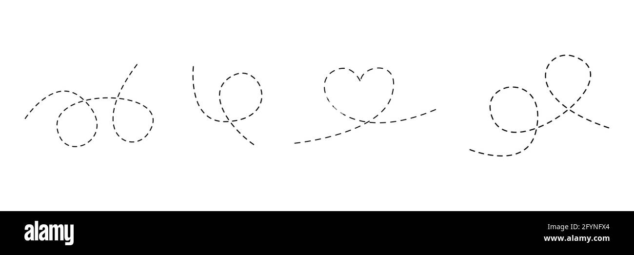 Linie gepunktete Route festgelegt. Herzform. Verkehrselemente. Sammlung linearer Pfade für Punkte. Vektor auf Weiß isoliert Stock Vektor