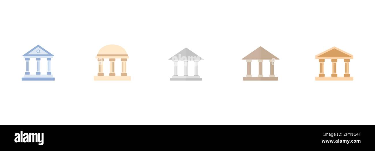 Gebäude mit Säulen Sammlung. Banksymbol festgelegt. Bunte Symbolgruppe der Universität Stock Vektor
