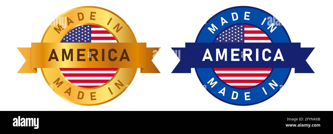 Hergestellt in Amerika USA USA USA Label Stempel für Produkt Hergestellt von America Company Siegel goldenes Band und Flagge Stock Vektor