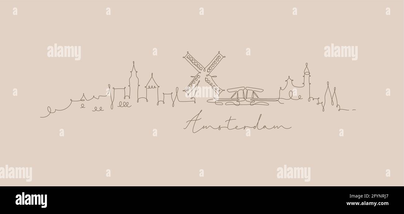 City Silhouette amsterdam in Stift Linie Stil Zeichnung mit braun Linien auf beigem Hintergrund Stock Vektor