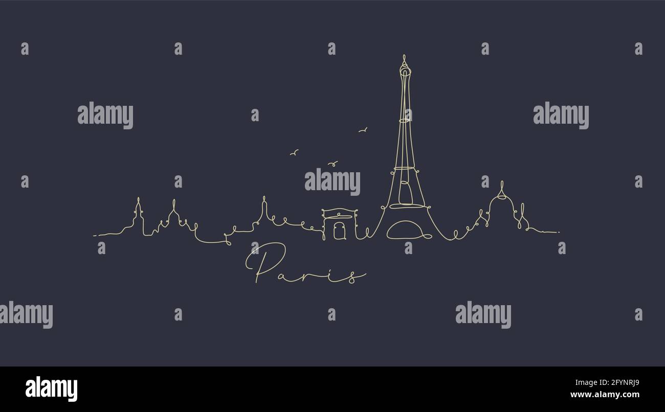 City Silhouette paris in Stift Linie Stil Zeichnung mit beige Linien auf dunkelblauem Hintergrund Stock Vektor