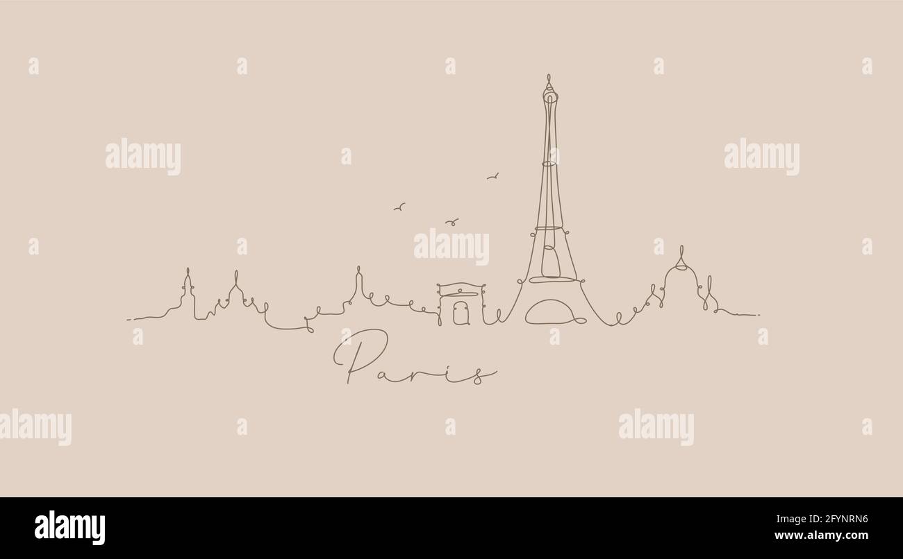 City Silhouette paris in Stift Linie Stil Zeichnung mit braun Linien auf beigem Hintergrund Stock Vektor