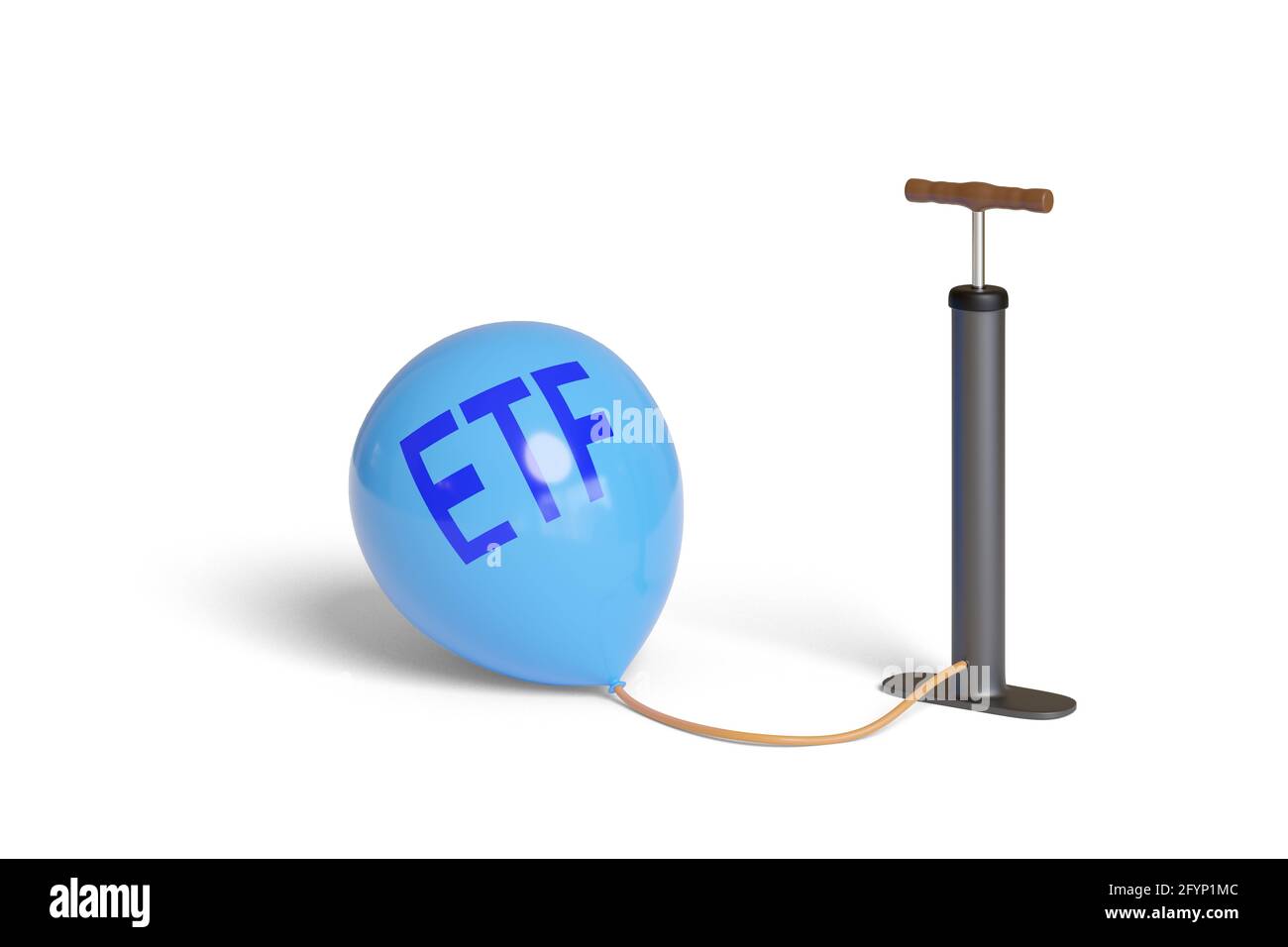 Inflator, der einen Ballon mit ETF-Text auf weißem Hintergrund aufbläht. 3d-Illustration. Stockfoto