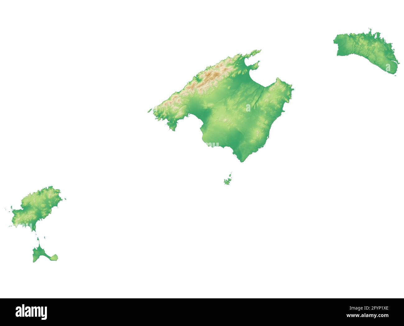 Physische Karte und Satellitenansicht der Balearen, Mallorca, Menorca, Ibiza und Formentera. Spanien. 3d-Rendering Stockfoto