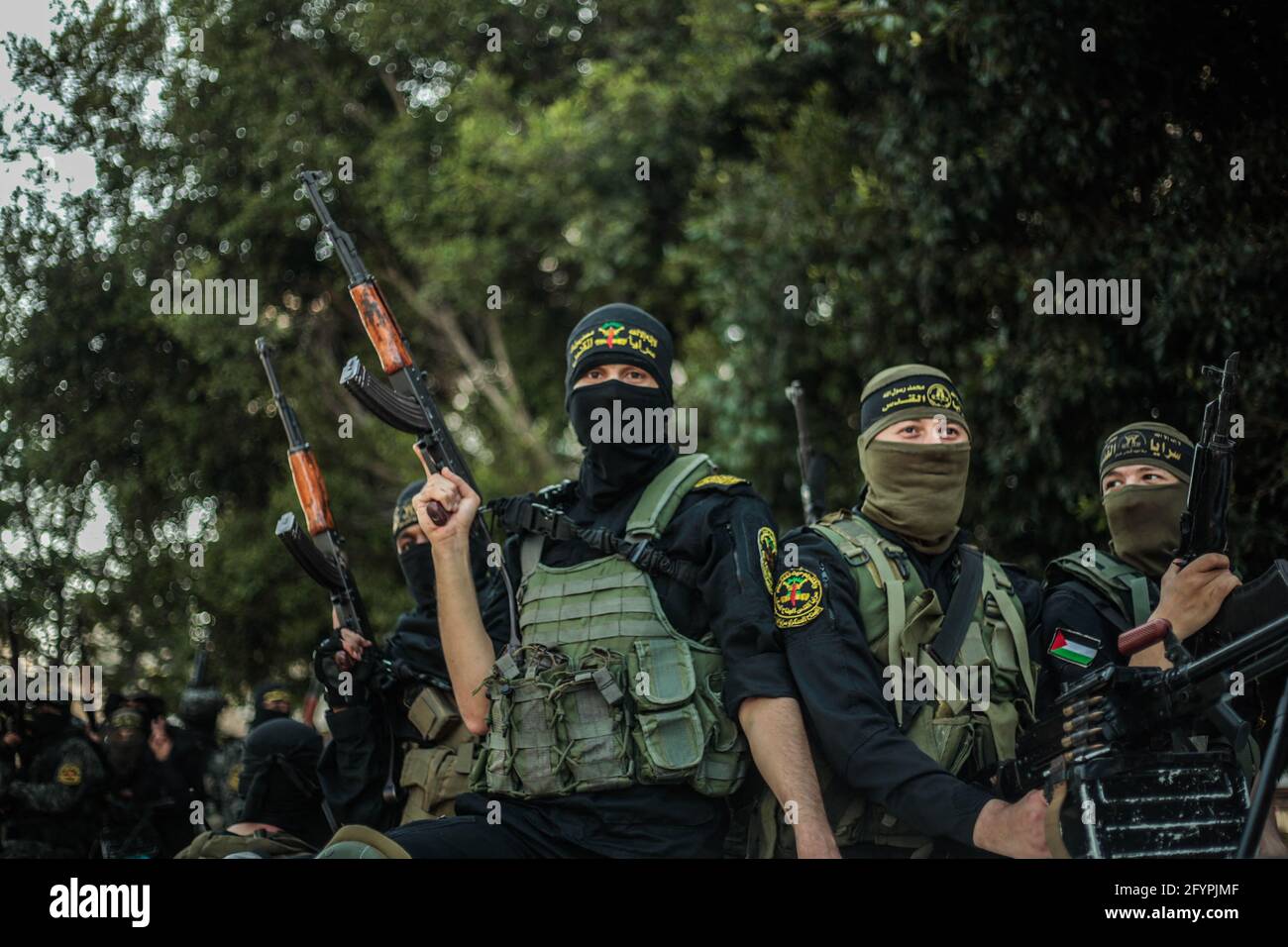 Kämpfer mit den Saraya al-Quds Brigaden, dem bewaffneten Flügel der Bewegung des Islamischen Dschihad in Palästina, in den Straßen von Gaza City während einer Kundgebung am 29. Mai 2021. Foto von Ramez Habboub/ABACAPRESS.COM Stockfoto