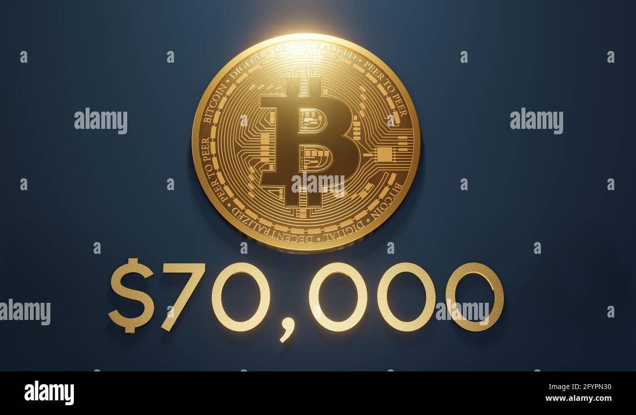 3D-Rendering eines Bitcoins und einer 5000er-Version auf blauem Hintergrund Stockfoto