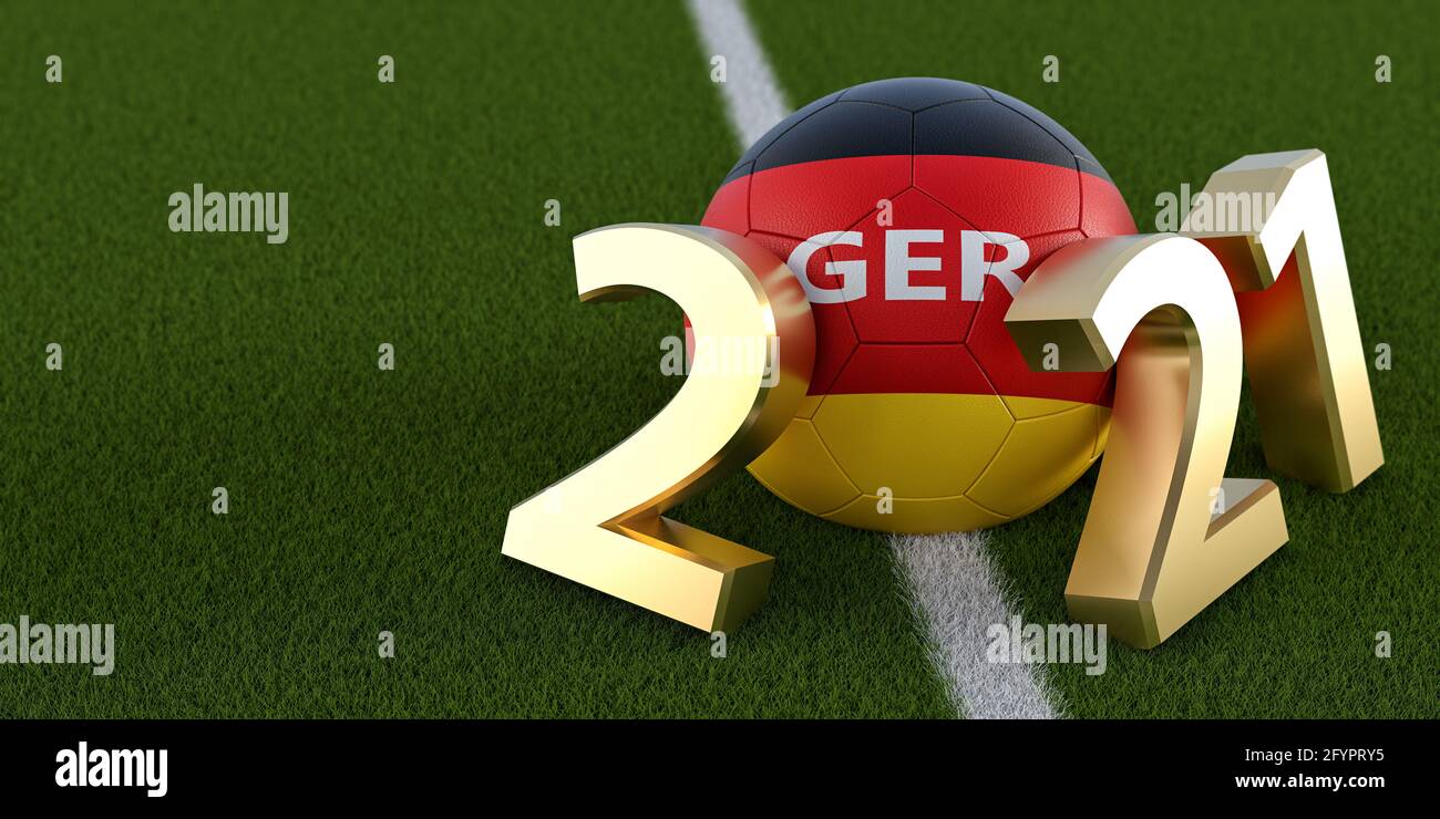 Soccer 2021 - Fußball im deutschen Flaggen-Design auf einem Fußballplatz. Fußball, der die 0 im Jahr 2021 darstellt. 3D-Rendering Stockfoto