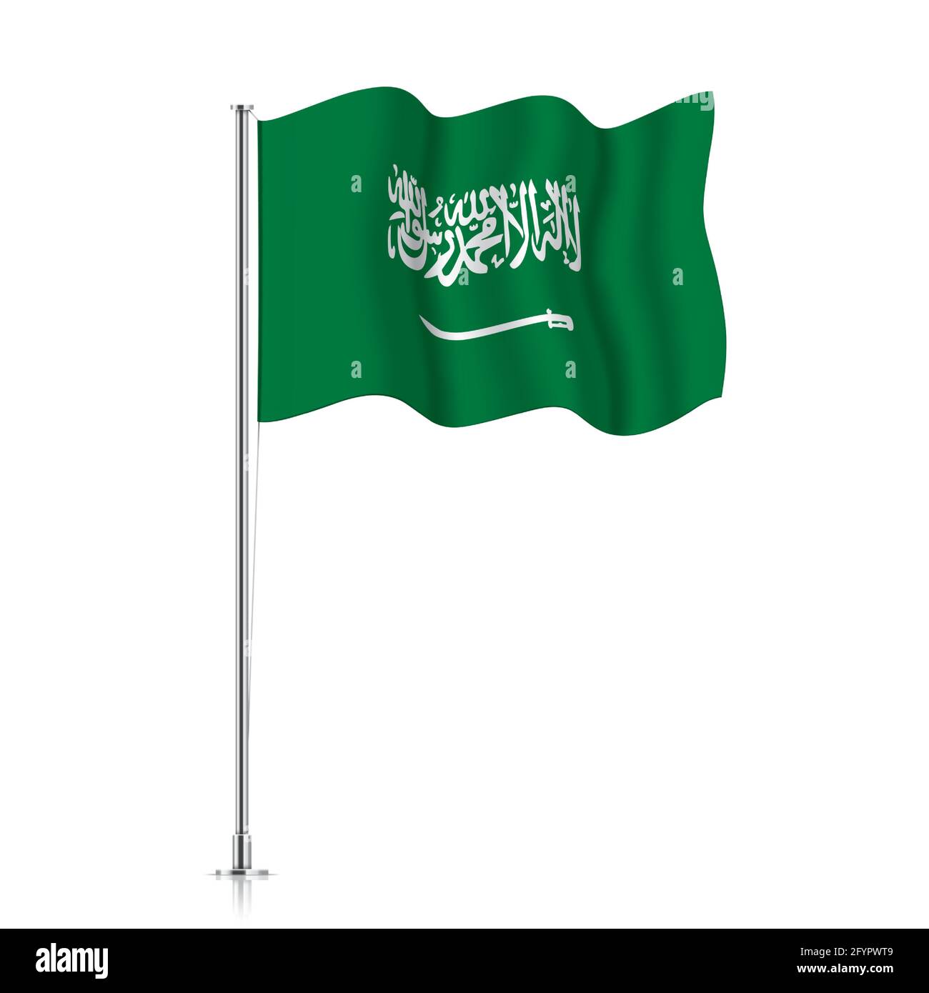 Die Flagge Saudi-Arabiens winkt auf einem Metallmast. Die offizielle Flagge des Königreichs Saudi-Arabien, isoliert auf weißem Hintergrund. Stock Vektor