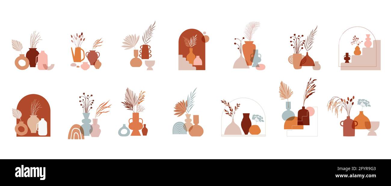 Abstraktes Bohemian Art ästhetisches Design. Arrangements von Töpferwaren und Keramiktöpfen, Vasen mit trockenen Blättern, Pflanzen, Blumen. Stock Vektor