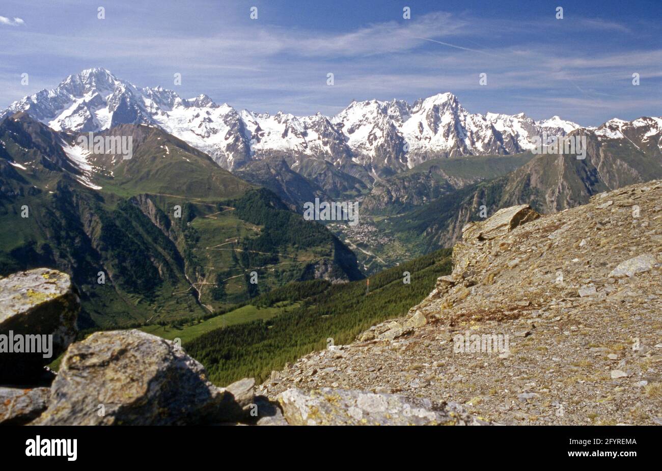 Panorama Monte Bianco, Grandes Jorasses, Val Ferret, Courmayeur Stockfoto