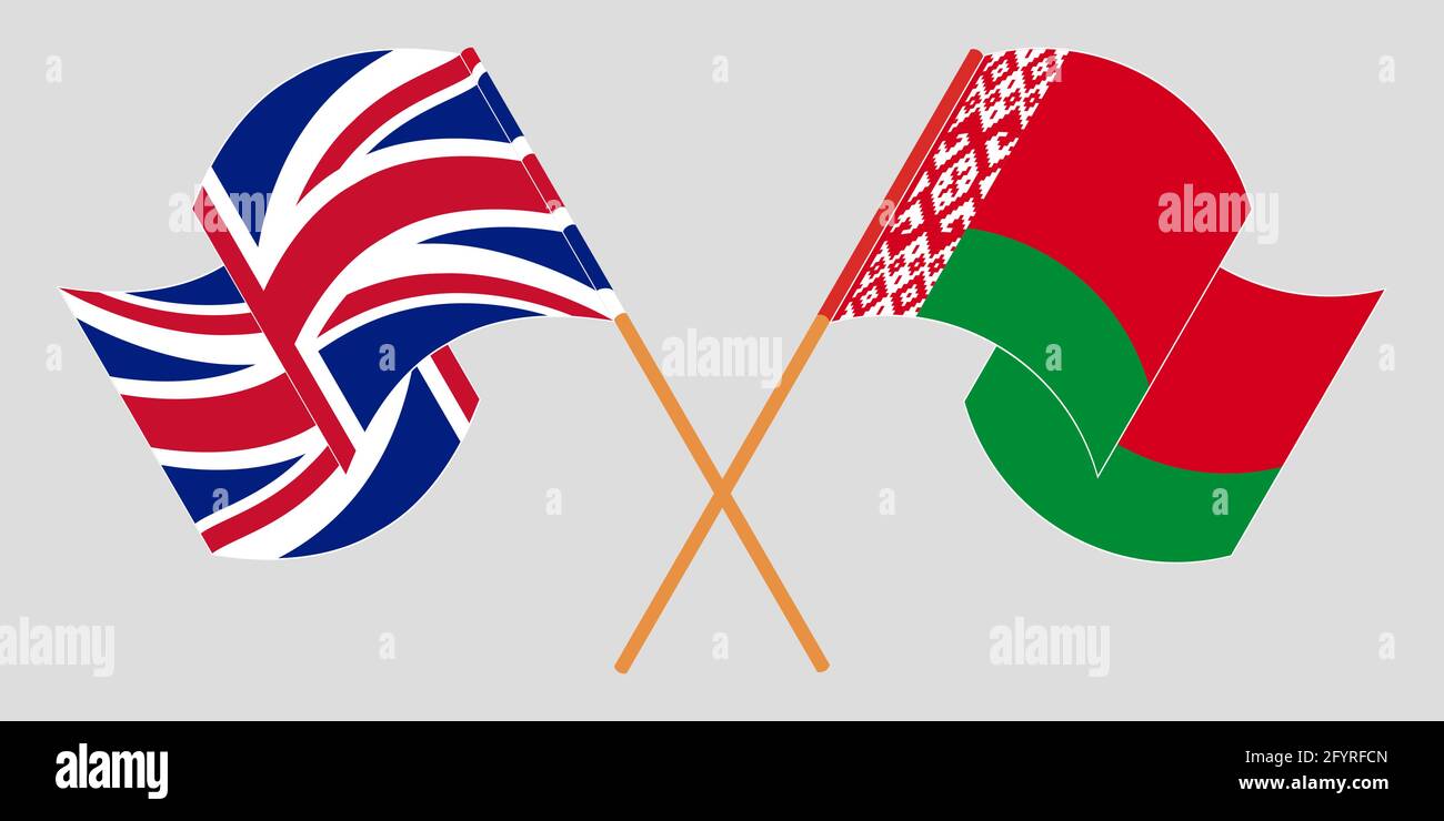 Gekreuzte und winkende Flaggen von Belarus und dem Vereinigten Königreich. Vektorgrafik Stock Vektor