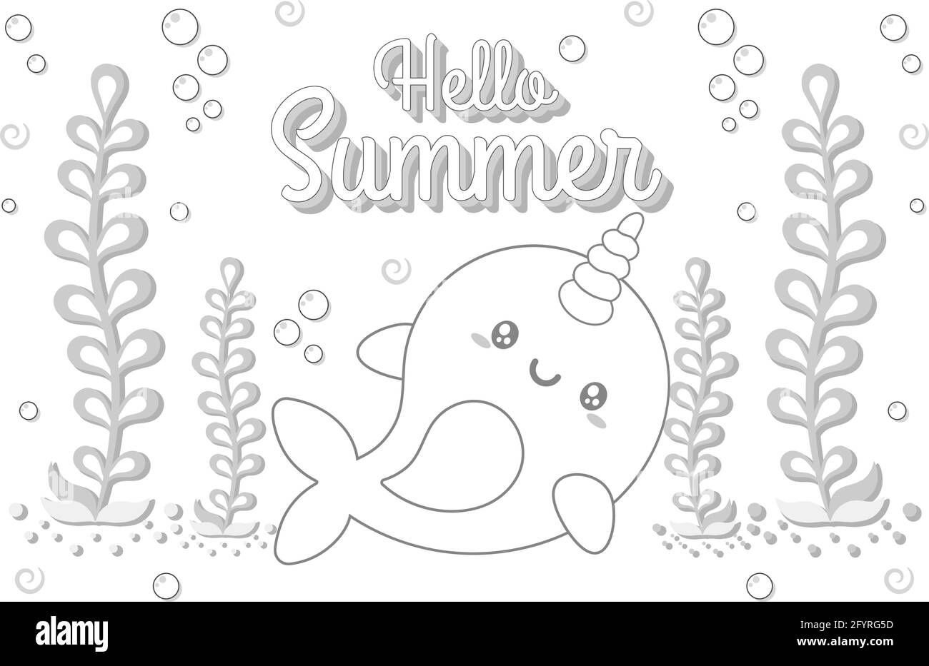 Hallo Sommer niedlichen Wal Zeichnung unter dem Wasser Skizze für Farbgebung Stock Vektor