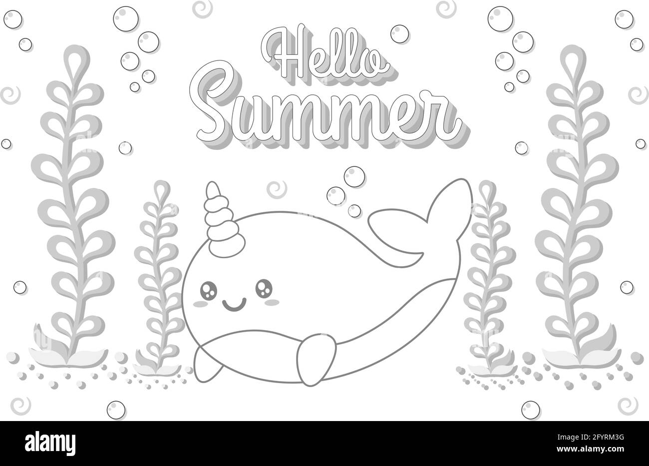Hallo Sommer niedlichen Wal Zeichnung unter dem Wasser Skizze für Farbgebung Stock Vektor