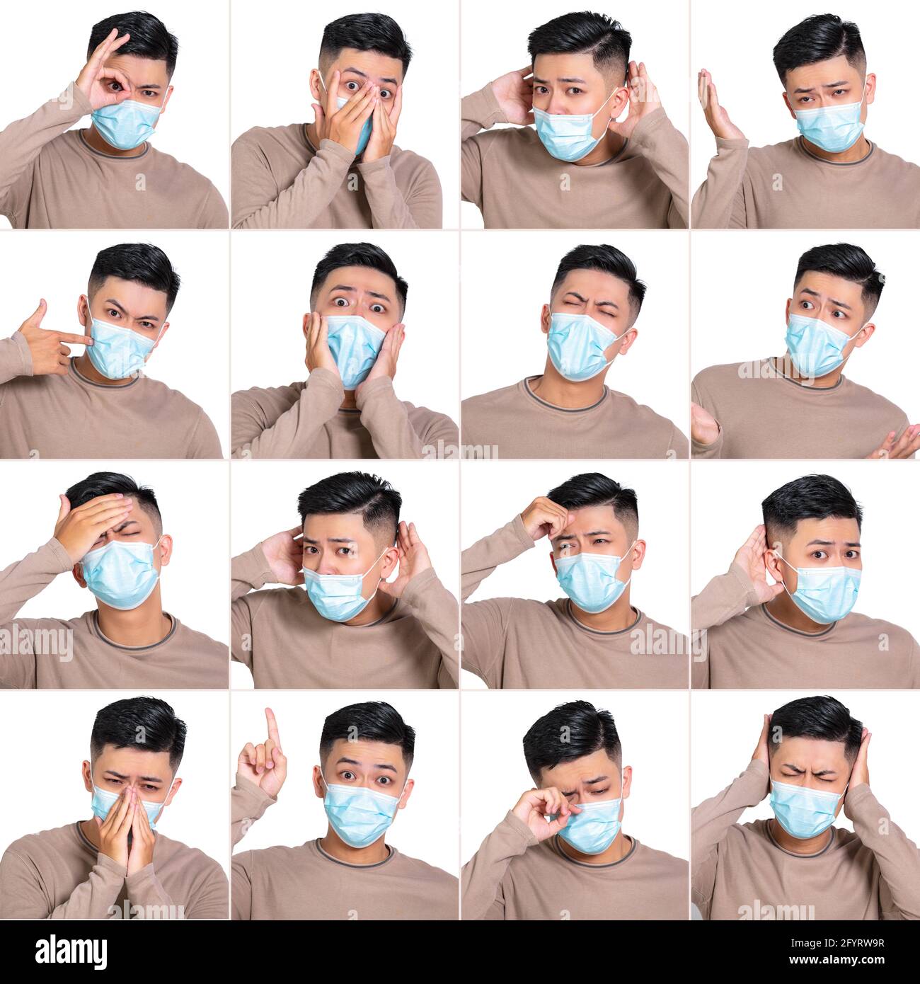 Gesichtsausdrücke des jungen Mannes in medizinischer Maske. Sammlung verschiedener Emotionen Stockfoto