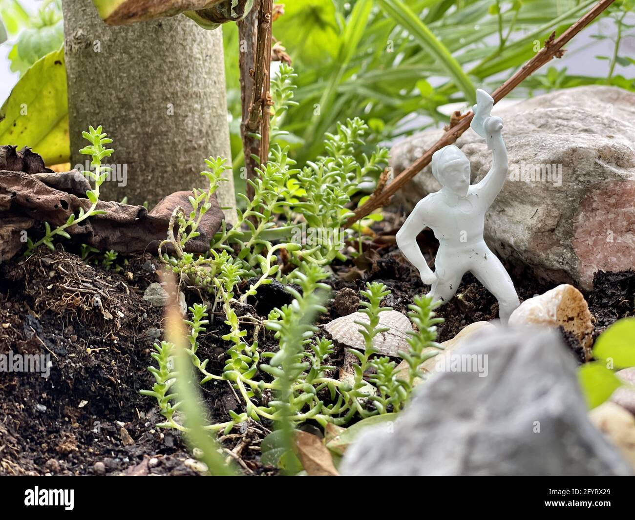 Eine Nahaufnahme einer weißen Figur eines Kriegers auf Der Boden ist von wachsenden Pflanzen umgeben Stockfoto