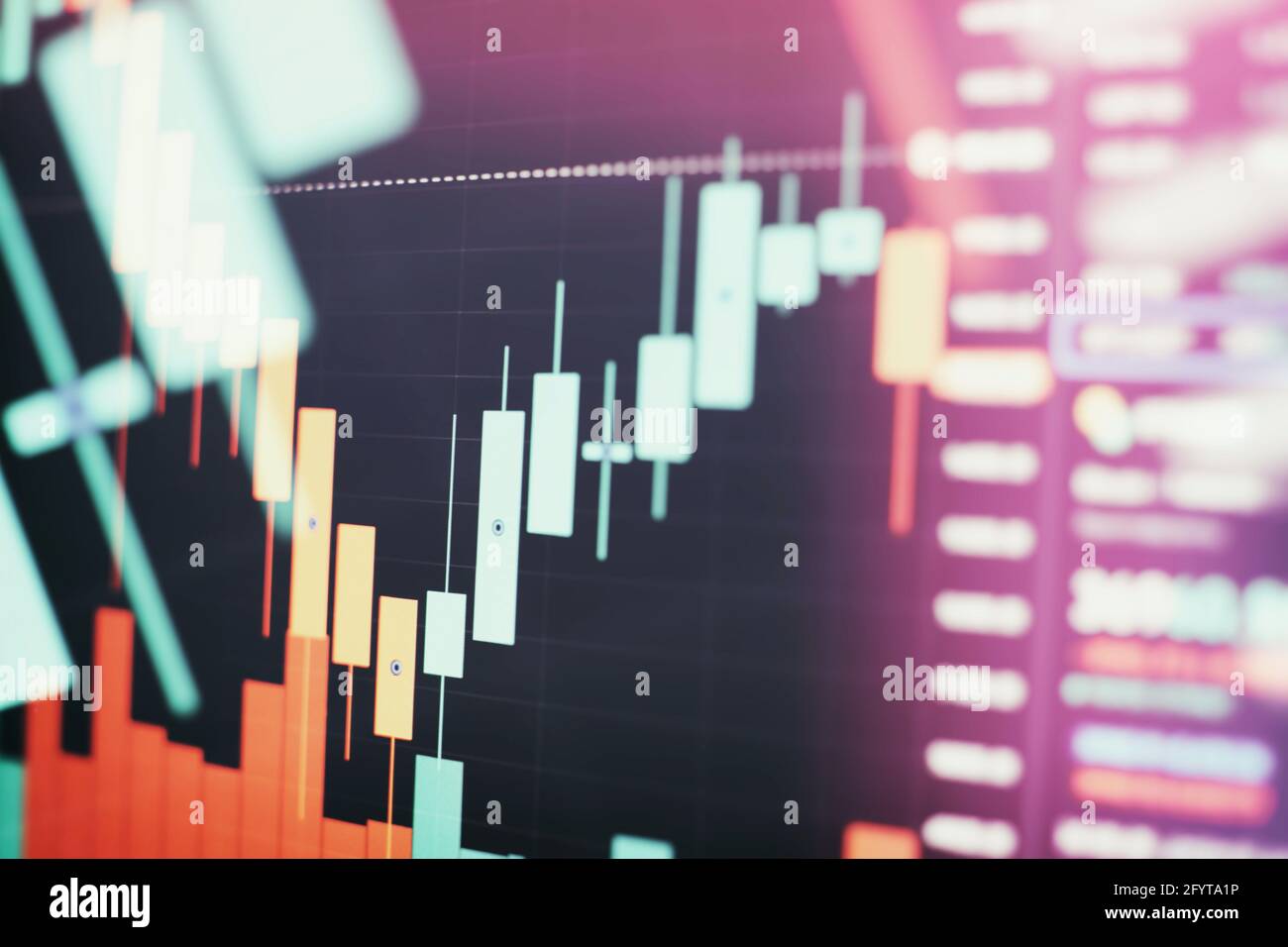 Hintergrund der Börsenchart. Candle-Stick-Diagramm mit Indikator. Stockfoto