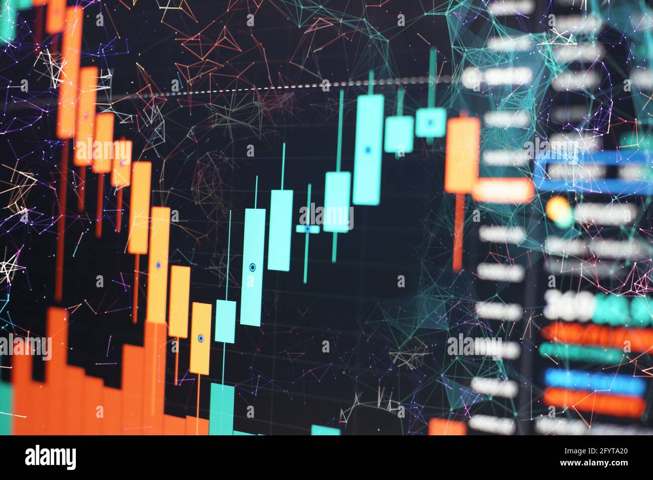 Hintergrund der Börsenchart. Candle-Stick-Diagramm mit Indikator. Stockfoto