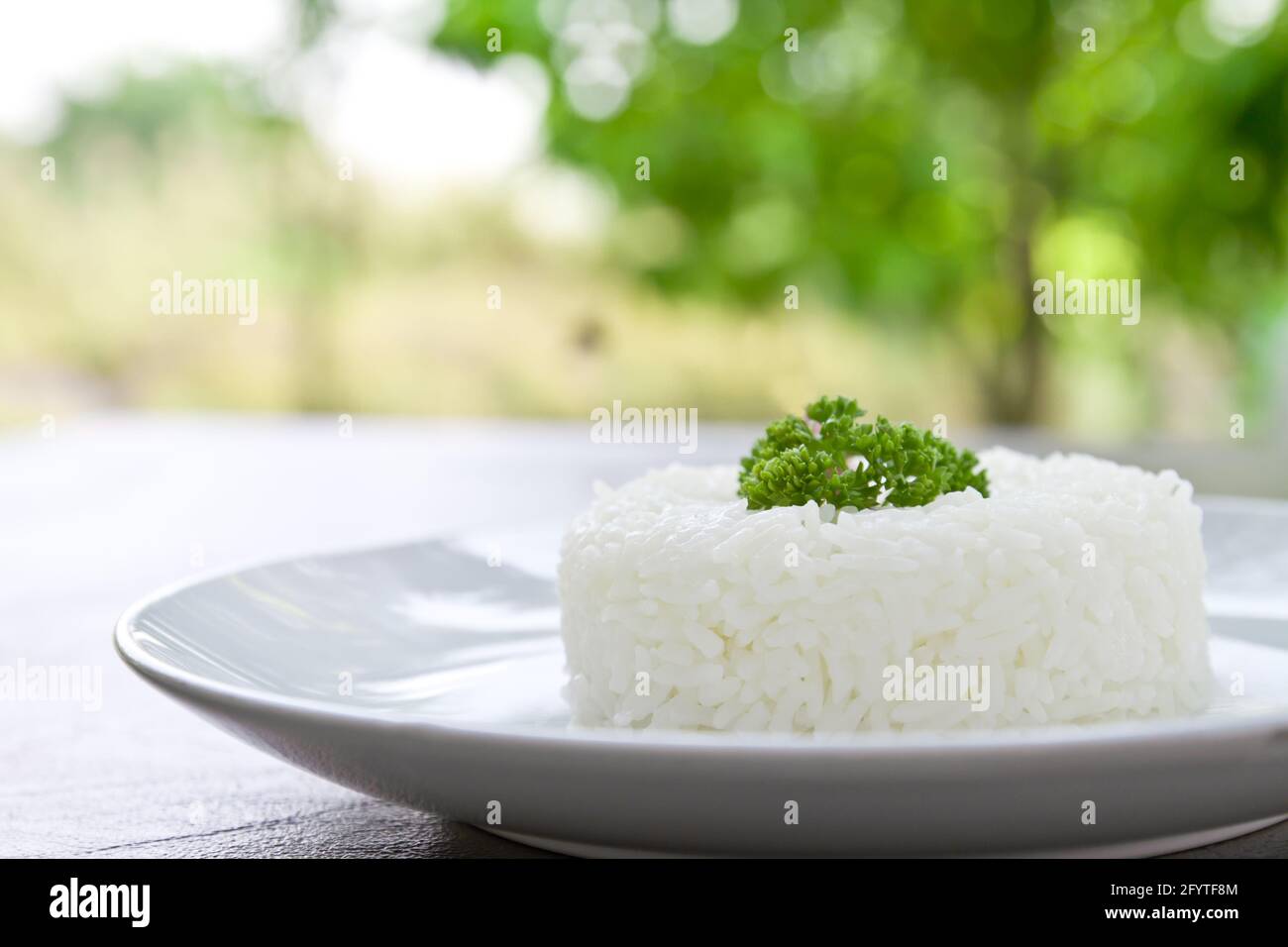 Reis auf weißen Teller Stockfoto