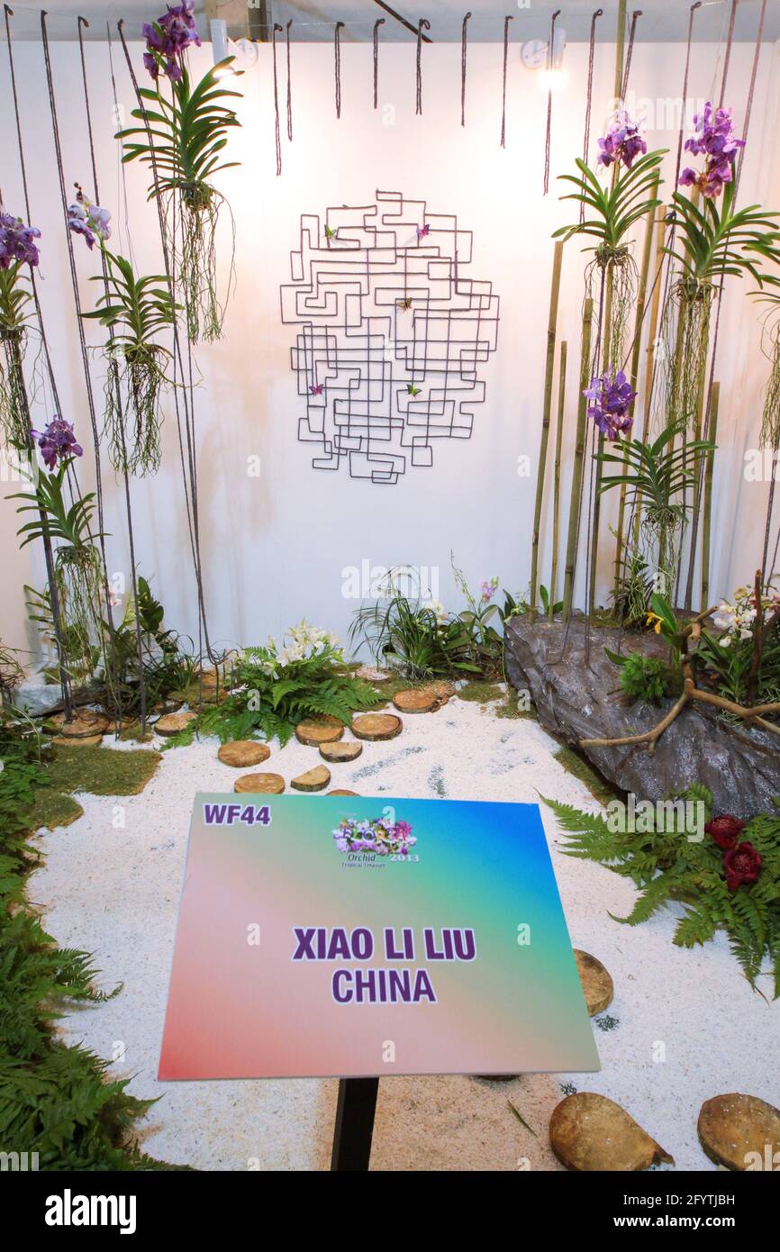 Konzeptuelle Gartengestaltung mit natürlichen Blumen und Pflanzen durch den chinesischen Teilnehmer Xiao Li Liu auf der FLORIA 2013 Veranstaltung in Putrajaya Malaysia. Stockfoto