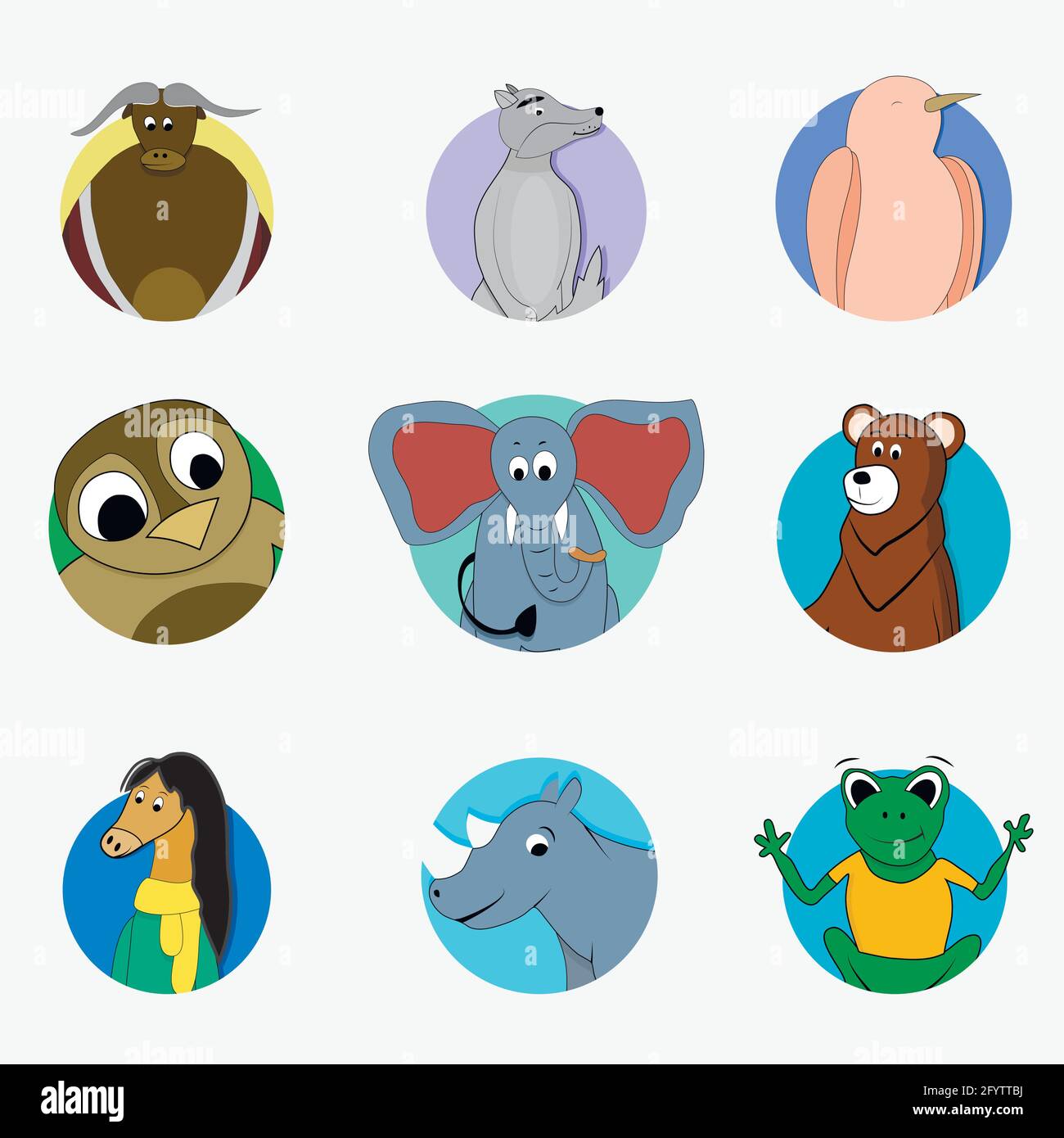 Aufkleber lustige Avatar Maskottchen, singvögel und Eule, Bär und Elefant, wilde Kreatur Stier und Wolf, Cartoon Avatar Zoo. Vektorgrafik Stock Vektor