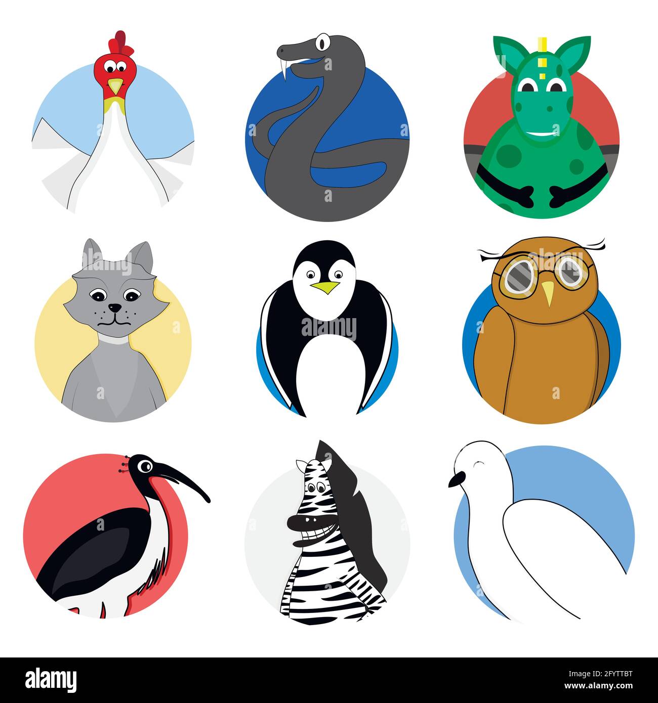 Sticker für Tauben und Hühner, Avatar für Vogelhennen, Tierabzeichen für Avatar, Vektor-Illustrationen, Tiere, Hahn und Viper, Fauna Eidechse Stock Vektor