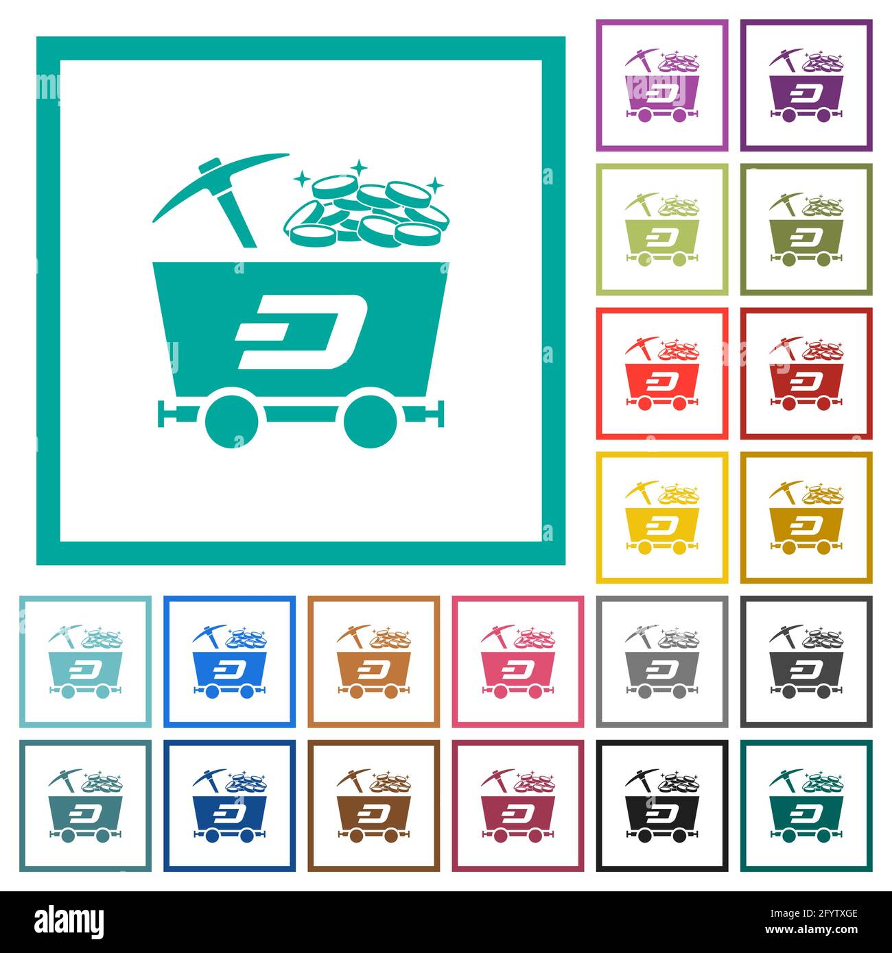 Dash Kryptowährung Mining mit Schatz flache Farbe Symbole mit Quadrant Rahmen auf weißem Hintergrund Stock Vektor