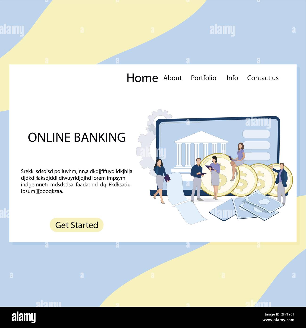 Online Banking Landing Page Design, Fintech digital. Vektor-Zahlung Online-Konto, Ertragsfinanzierung, Bankier mit Geld Illustration Stock Vektor