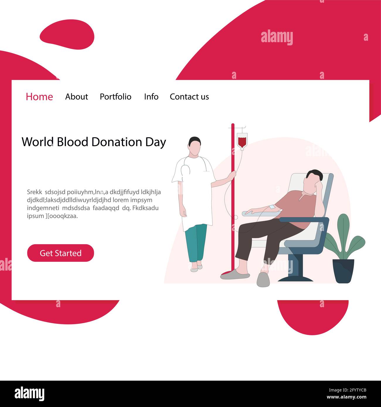 Landing-Page-Website des Weltblutspendetages. Vector Blut spenden für medizinisches Zentrum, Spender Menschen helfen für die Gesundheitsversorgung Illustration Stock Vektor