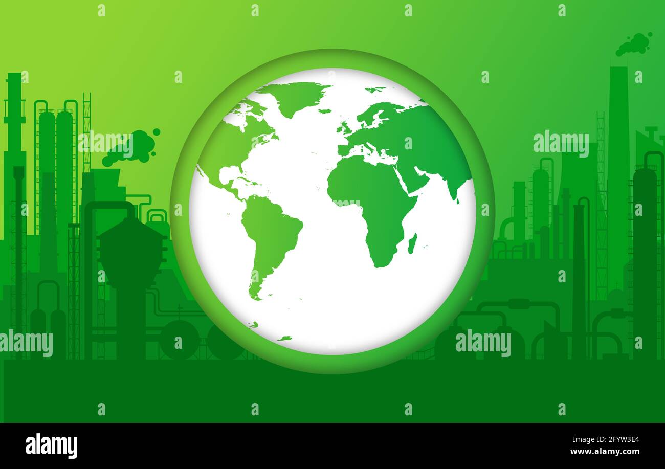 Grüne Erde mit Industrieanlagen Herstellung, Fabrik Silhouette außen, Gas, Helium-Anlagen mit Rohrsystem und Silhouetten von Gebäuden, manufa Stockfoto