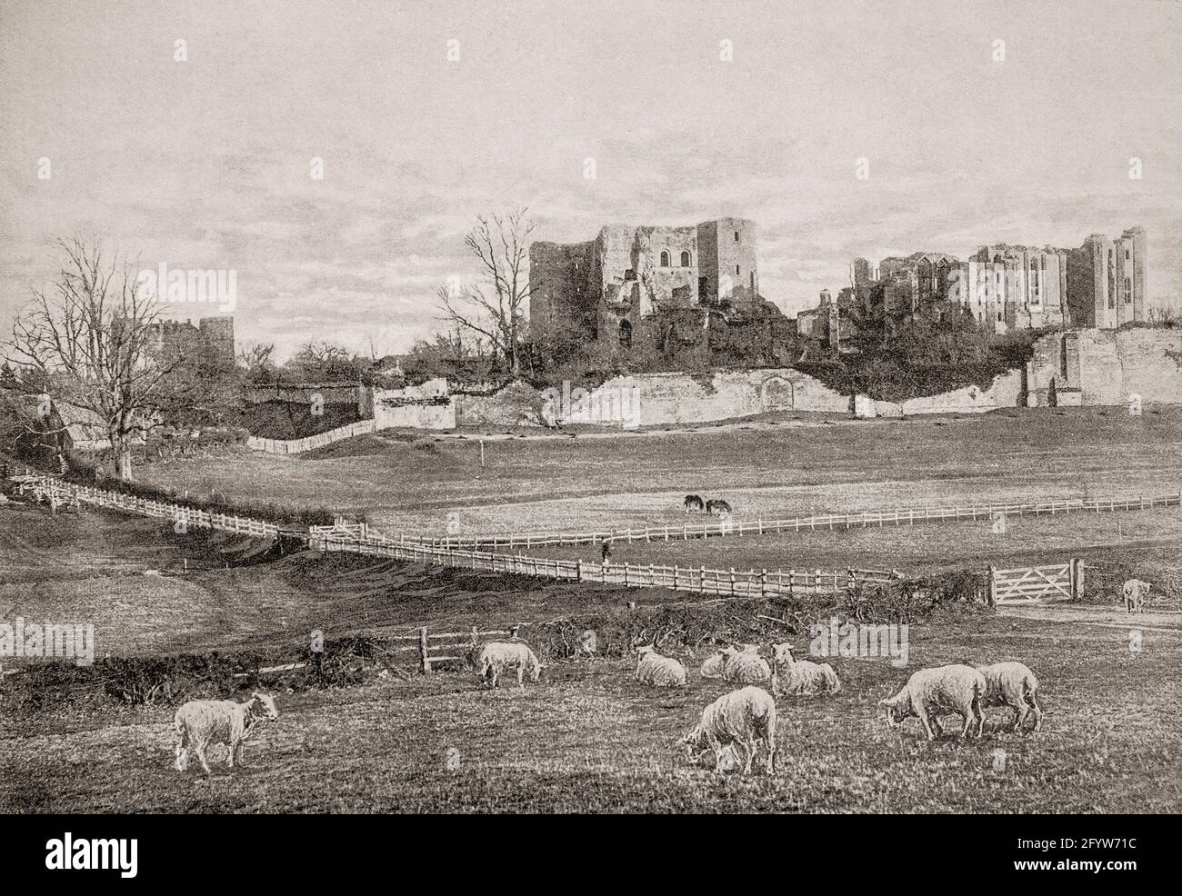 Eine Ansicht aus dem späten 19. Jahrhundert von Schafen, die auf einem Feld neben Kenilworth Castle in der Stadt Kenilworth in Warwickshire, England, grasen. In den 1120er Jahren um einen mächtigen normannischen großen Turm herum gegründet und Anfang des 13. Jahrhunderts von König John erweitert, war es Gegenstand der sechsmonatigen Belagerung von Kenilworth im Jahr 1266, die als die längste Belagerung der mittelalterlichen englischen Geschichte galt. Die Burg hat durch die englische Geschichte eine wichtige historische Rolle gespielt, bis sie während des englischen Bürgerkrieges des 17. Jahrhunderts ruiniert wurde. Stockfoto