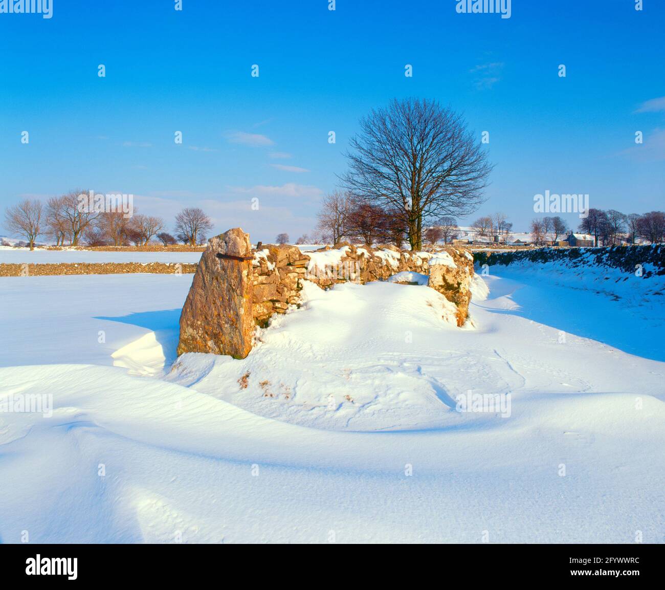 Großbritannien, England, Staffordshire, ländliche Schneeszene, mit Driften, Stockfoto