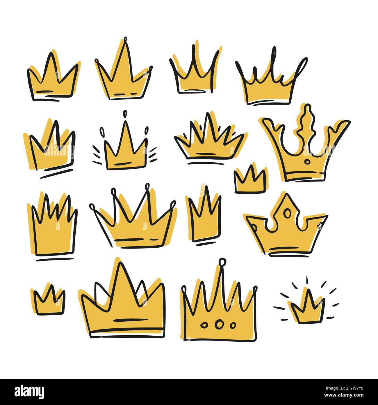 Doodle Krone gelb Cartoon Königin Skizze Set. König Symbol Illustration Design. Vektorgrafik Prinzessin. Stock Vektor