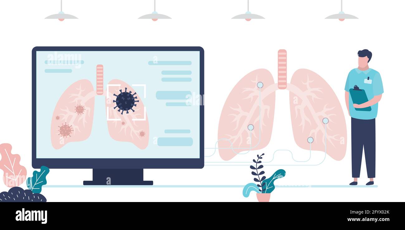 Der Pneumologe untersucht die Atmungsorgane. Erkennung von Coronaviren mit Geräten. Betroffene Lungen auf dem Computerbildschirm. Konzept der Gesundheitsversorgung, Krankheiten und Stock Vektor