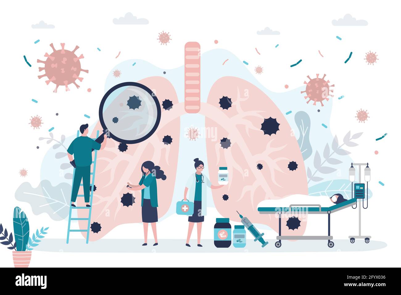 Lungen, die von einer Lungenentzündung betroffen sind. Coronavirus greift an und verursacht Krankheiten. Arzt, der den Patienten behandelt. Frau liegt auf dem Bett. Pandemie Covid-19. Gesundheitsprobleme, r Stock Vektor