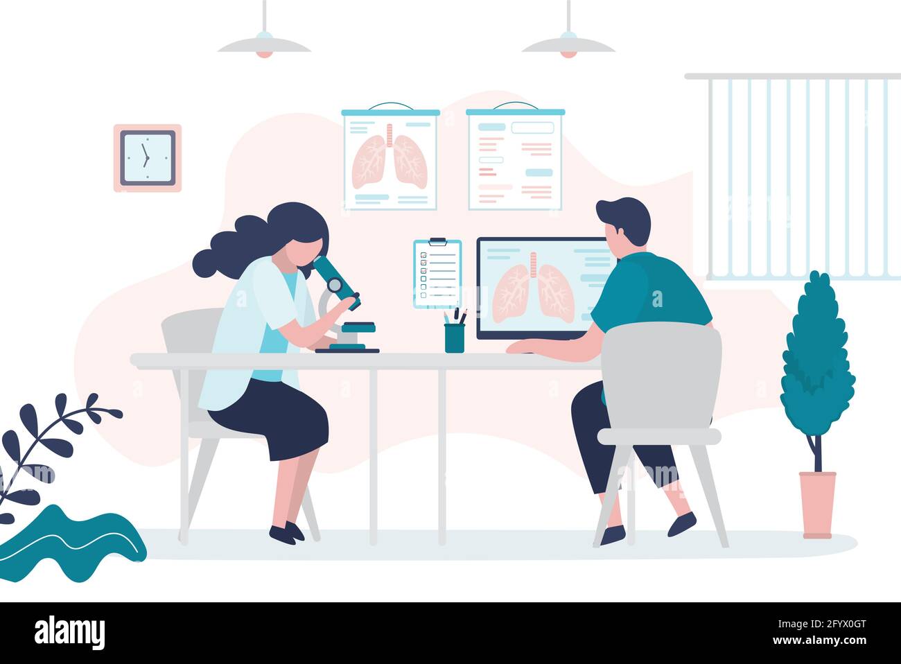 Pneumologen identifizieren Erkrankungen in der Lunge. Medizinisches Personal untersucht die Lungen mit Geräten. Atmungsorgan auf dem Laptop-Bildschirm. Innenraum des Schranks oder aus Stock Vektor