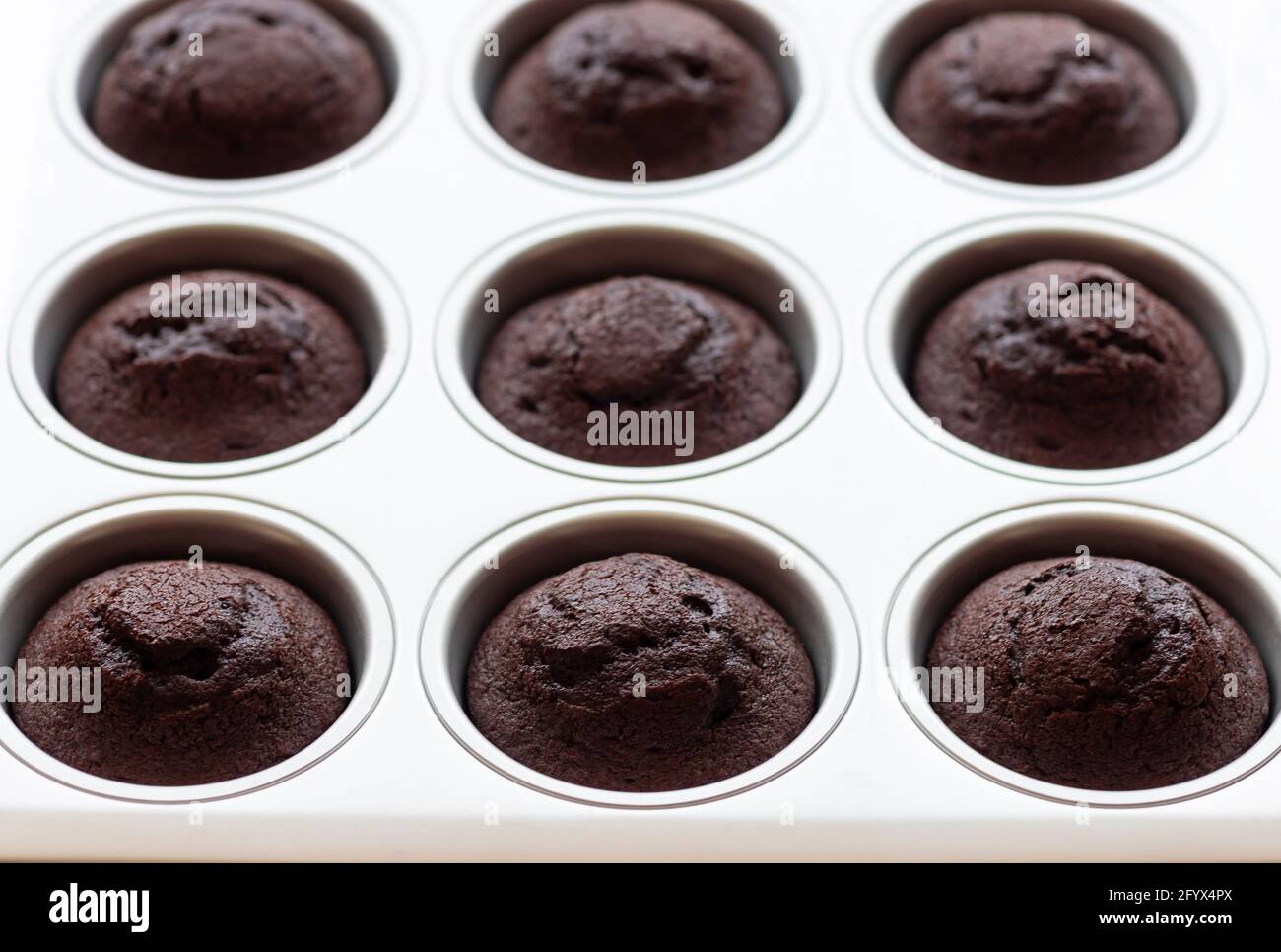 Nahaufnahme von leckeren Schokoladen-Muffins in einer Backform. Horizontales Bild. Stockfoto