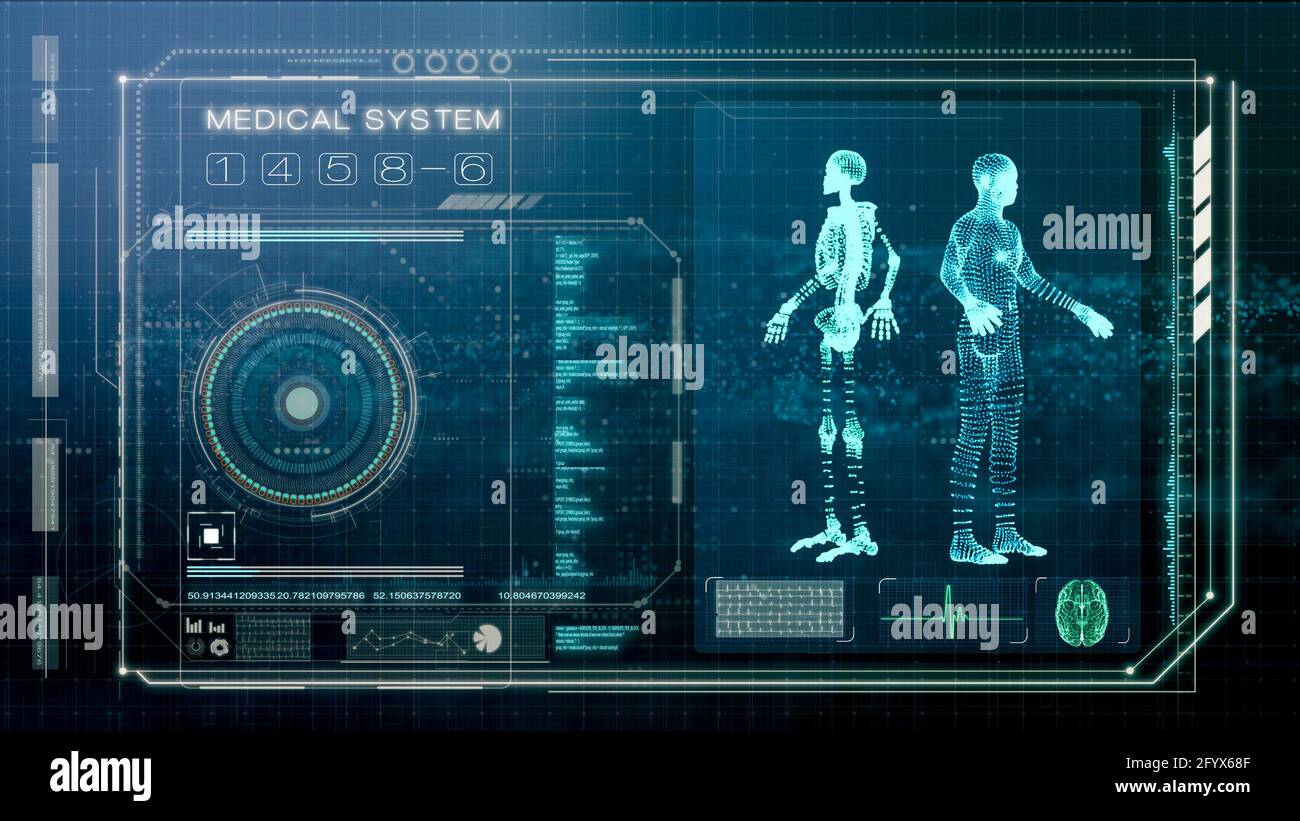 Futuristischer Bildschirm mit menschlichen Körperscans und medizinischer Untersuchung, Illustrationsbildschirm mit intelligenter medizinischer Diagnose, 3d-Illustrationsdarstellung Stockfoto
