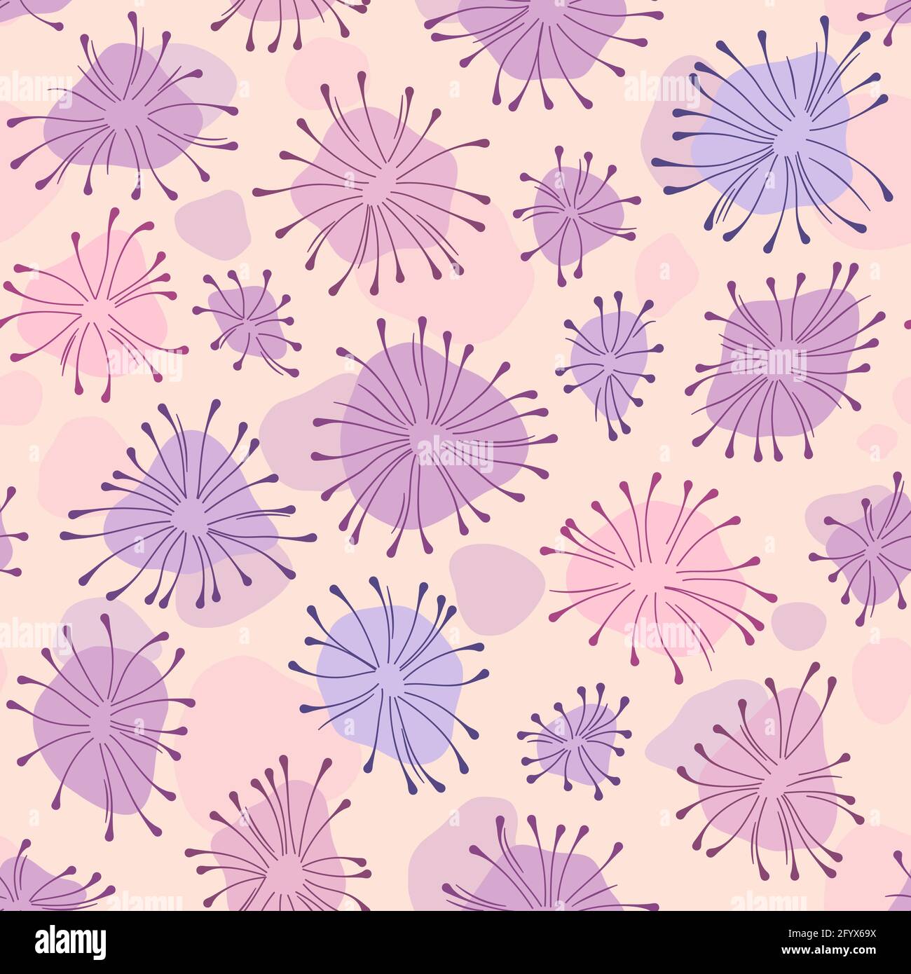 Vektor Doodle Blumen nahtlose Muster Hintergrund in Pastellfarben. Pink und Lila. Wiederholende Vektor-handgezeichnete Texturen. Für Stoff, Tapete, Scrapbooking, Karte, Einladungen oder Verpackung. Stock Vektor