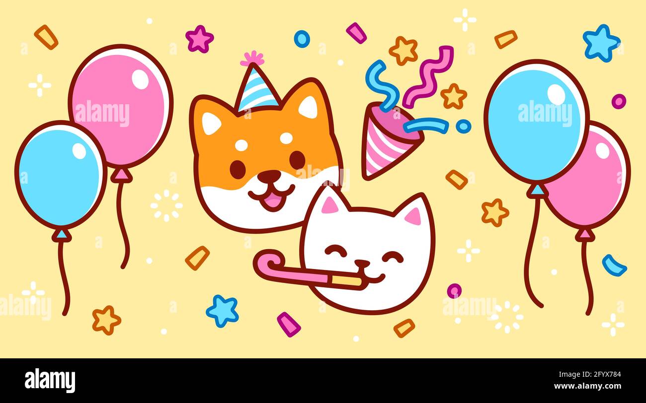 Niedliche Cartoon Katze und Hund Charakter mit Party Hut, Konfetti und Ballons. Neujahrsfeier, Geburtstagsfeier Banner. Kawaii-Vektordarstellung. Stock Vektor