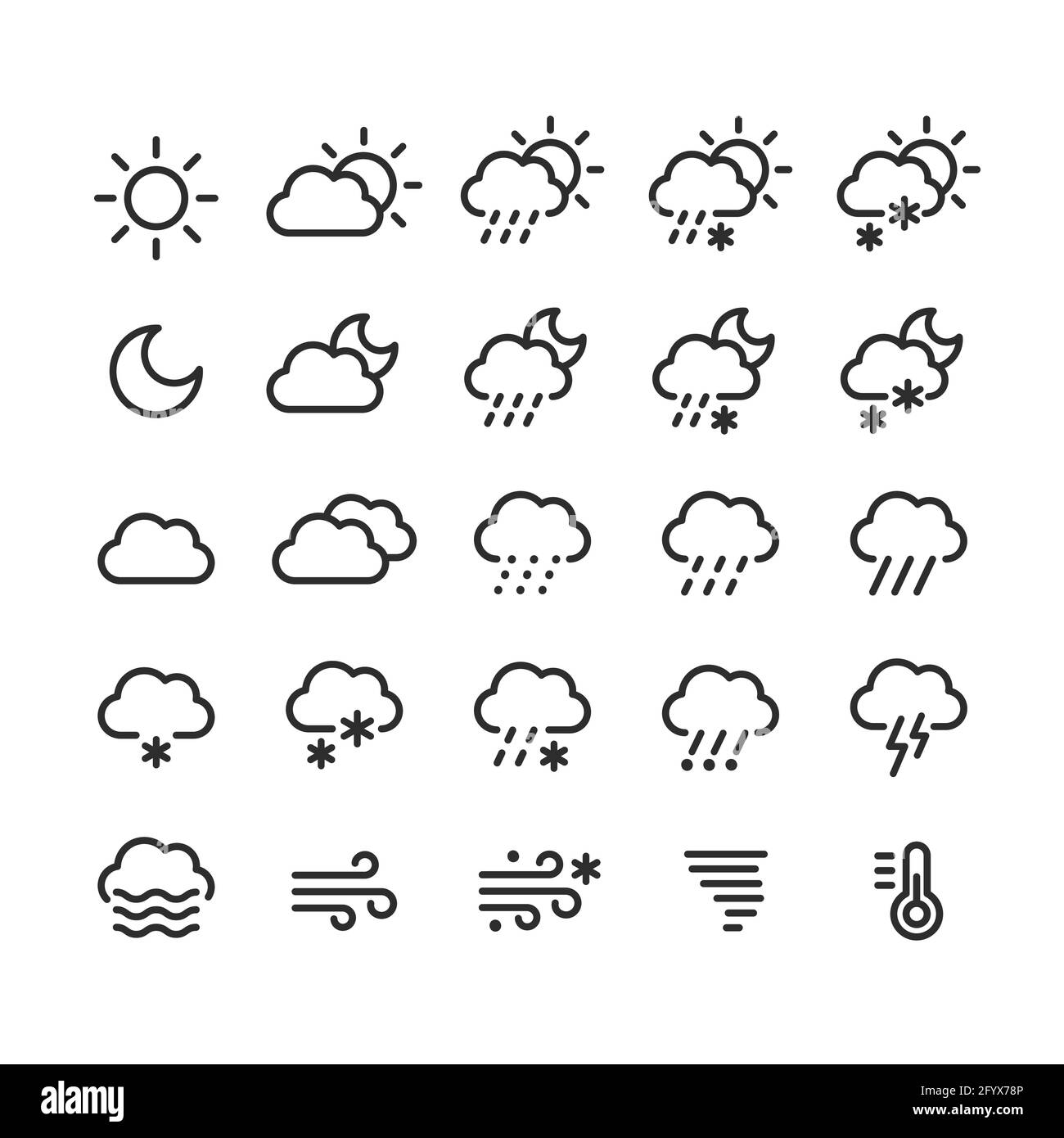 Wetterprognosesymbole eingestellt. Wolken, Niederschlag und Wetterbedingungen, Tag und Nacht. Vektorlinien-Symboldarstellung. Stock Vektor