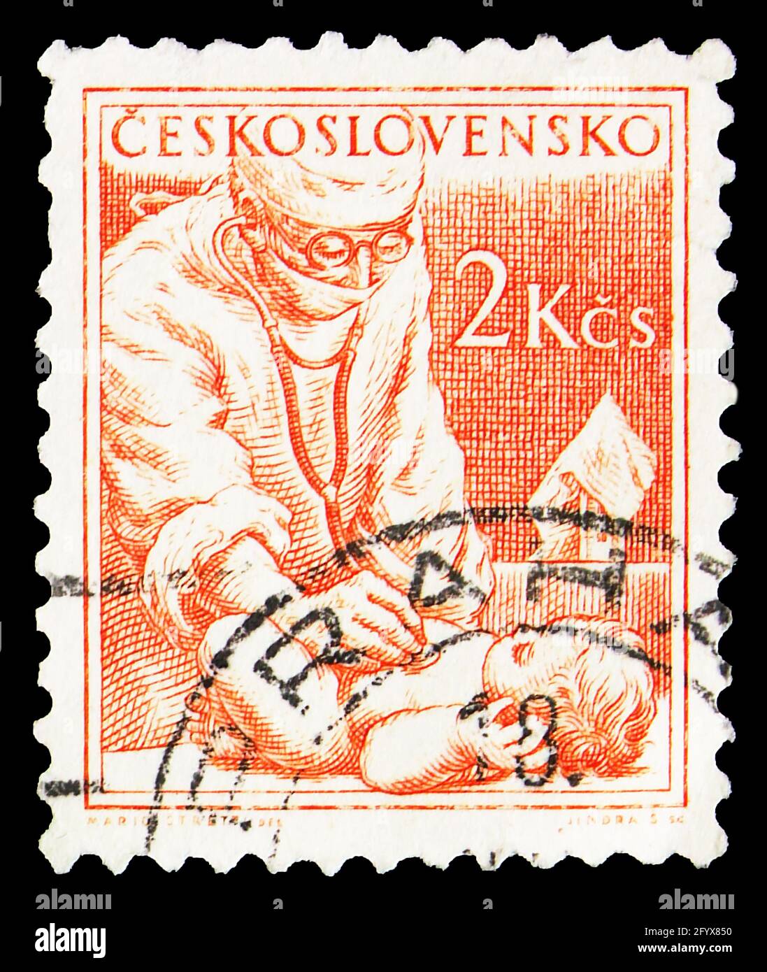 MOSKAU, RUSSLAND - 27. SEPTEMBER 2019: Briefmarke in der Tschechoslowakei gedruckt zeigt Kinderarzt, Berufe Serie, um 1954 Stockfoto
