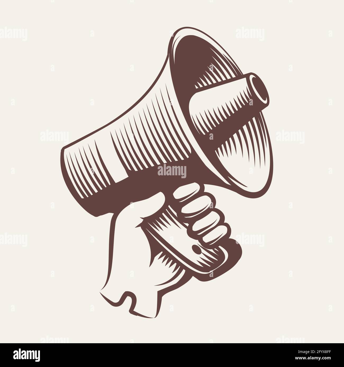 Hand in Hand hält das Megaphon. Handgezeichnete Vintage Gravur Propaganda Konzept. Vektorgrafik. Stock Vektor