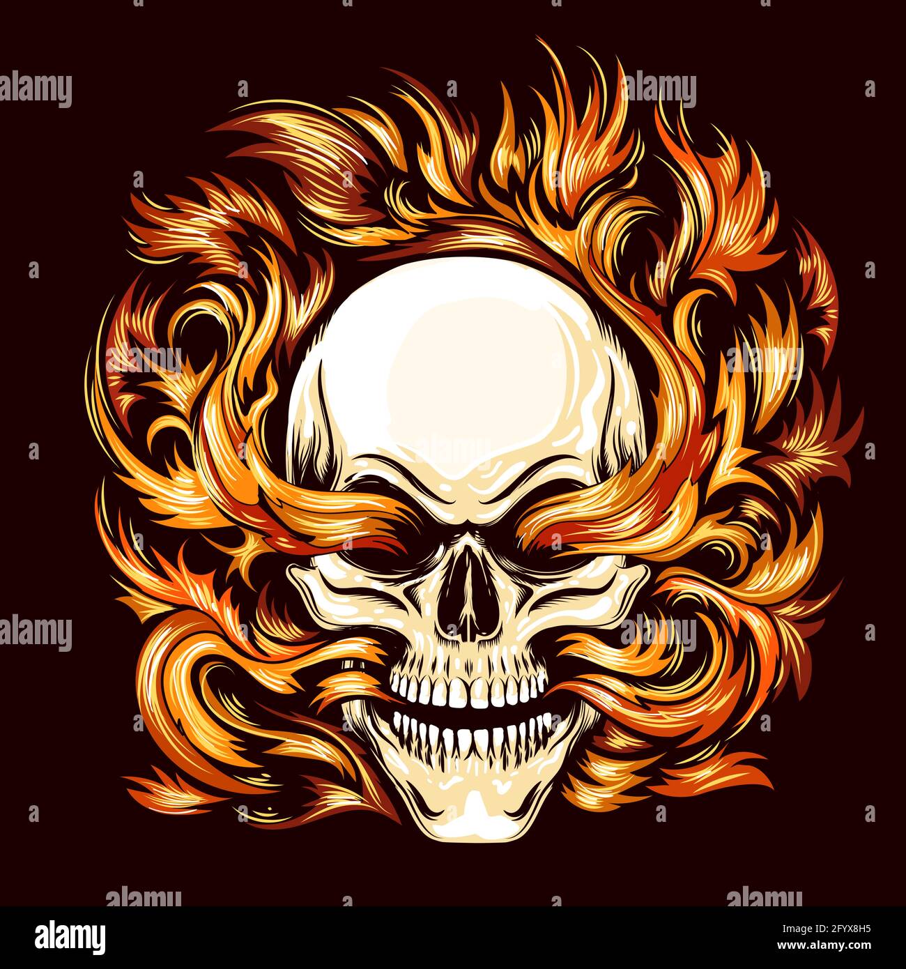 Tattoo of Skull Burning in Flame of Hell Isolated on White. Vektorgrafik. Stock Vektor