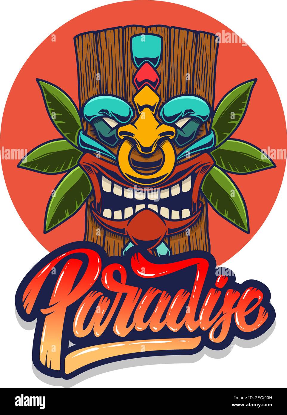 Paradies. Emblem-Vorlage mit Tiki Idol. Gestaltungselement für Plakat, Karte, Banner, Zeichen, Emblem. Vektorgrafik Stock Vektor